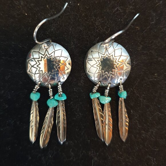 Navajo Dreamcatcher Feather Turquoise Sterling Silver Earrings - Native American - Picture 1 of 11